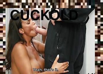 Poor cuckolded guy admires his babe having sex with cop