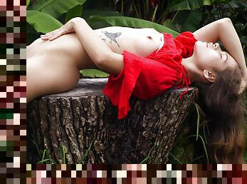 Outdoor masturbation video with sexy Irene Rouse in red outfit