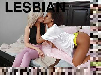 Lesbian threesome on the bed with ass licking ebony Demi Sutra