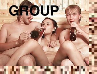 Group Sex with Young Babe and Facial in sauna