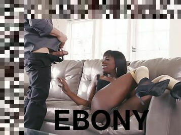 Ebony pornstar Ana Foxxx spreads her long legs for a white penis