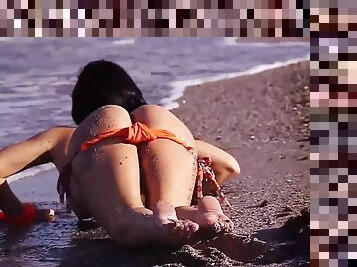 masturbacija, porno-zvijezde, plaža, sami, bikini, dosadni, svlačenje