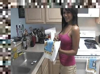 Quick blowjob and handjob in the kitchen from sexy brunette wife