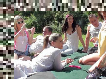 Dirty outdoor fuck fest with cum loving teen girls and two guys