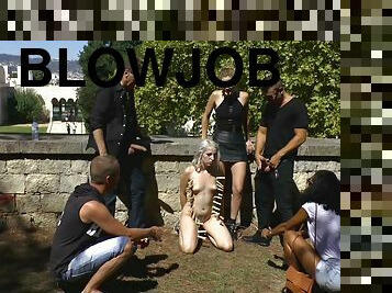 Mona Wales enjoys a blowjob and a humiliation in the public park