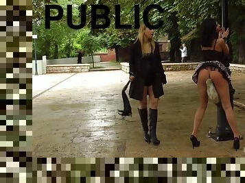 Public upskirt with a butt plug Nikki Thorne and Coco de Mal