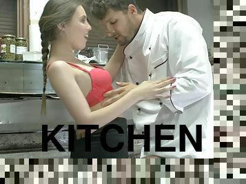 Kitchen chef with a huge dick penetrates petite girl Elle Rose