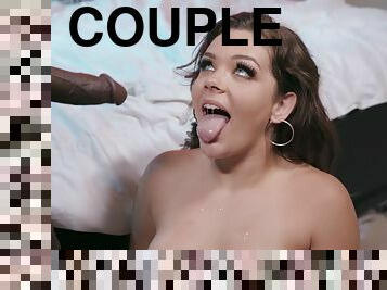 Brunette pornstar Kimber Woods gets cum on tits after interracial sex