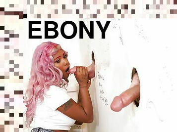Ebony slut Daizy Cooper pleasures two white dicks thru gloryhole
