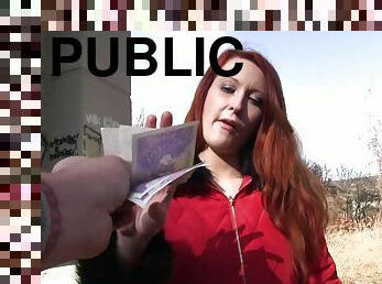 Redhead slut takes money to give cunt to the fake agent in the public