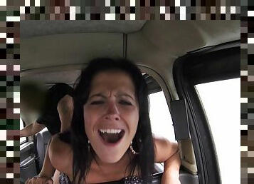 Busty brunette slut remembers the fake taxi driver and gets fucked again