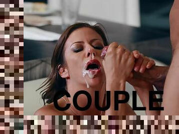 Hot cum dripping from Alexis Fawx's mouth after amazing fucking