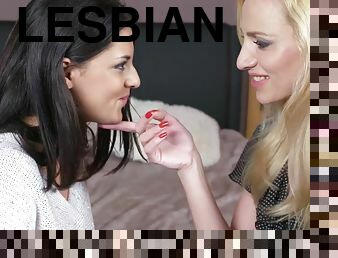 Blonde and brunette lesbian lovers lick cunts and clits