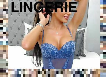 Hot big tits brunette solo beauty in blue glamorous lingerie with perfect big lips