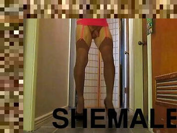 Stockings and heels shemale dancing in front of a mirror