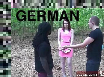 German skinny teen meets two big dicks in the forest