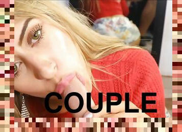 This blonde babe sucks cock like a pro and wets it with her tongue and mouth.