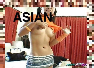 Spunky Asian babe sucks and fucks like a champ
