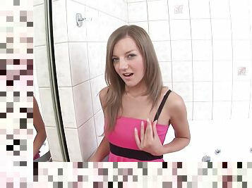 Malia Anni takes her dress off and masturbates in the bathroom by a dildo