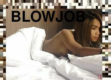 Ladyboy beautie Mickey gives guy a blowjob. Guy films this action from two points.
