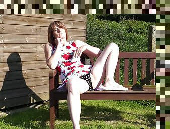 Mature blonde amateur MILF Di takes off her clothes outdoors