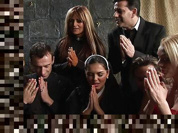 Kinky orgy at a funeral with widow Jasmine Black and her mature girls