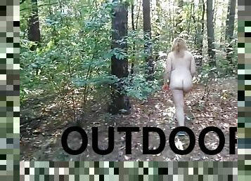 chubby girl with big booty walking nude in forest