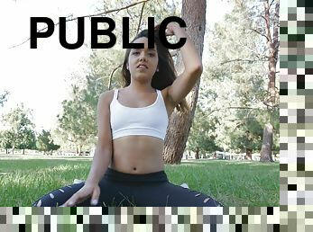 Sporty teen public flasher Esperanza exposes herself in a park