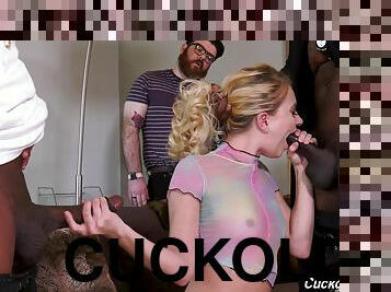 Cuckold licks cum off Riley Star's tits after she fucks two black guys