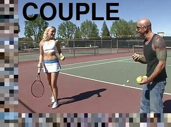 Adorable blonde teen was picked up while she was practicing her tennis skills.