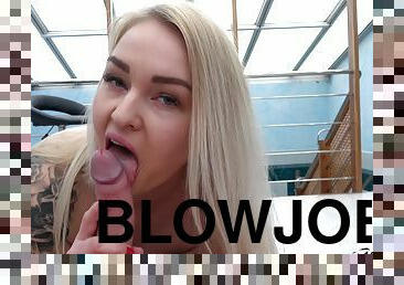 Buxom chubby Allie Darcey gives an awesome blowjob and rides dick