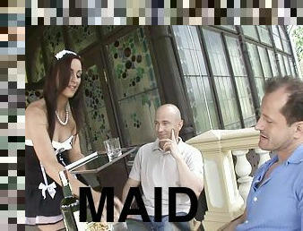 Brunette slutty maid Mandy Saxo double penetrated and cum sprayed