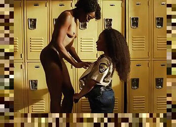 Sapphic lez ebony cop baby face sitting in locker room