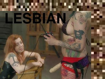 Tattooed punk lesbian mistress abuses her teen slave girl with a whip