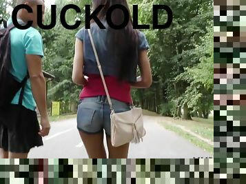 Cuckold watches how his girlfriend fucks for money in park