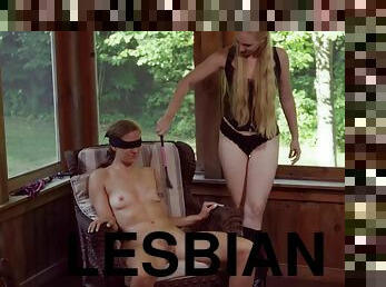 Blonde lesbian mistress blindfolds her slave and makes her cum