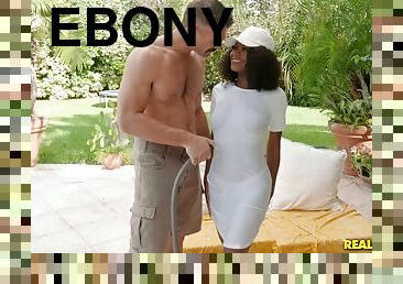 Seductive ebony teen Evi Rei doggy style pounded outdoors