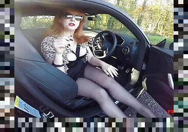 Big tit British mature Red masturbating in the car