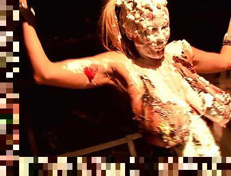 Kelly Madison covered in cake while masturbating with her hands