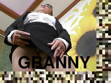 Sweet granny Karina G pleases her hairy pussy with a toy