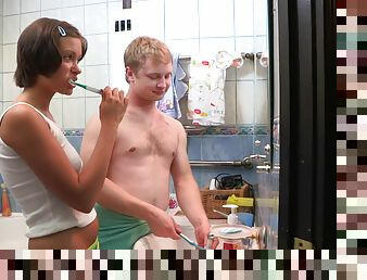 Hung dude and petite Meddie take it off in the bathroom