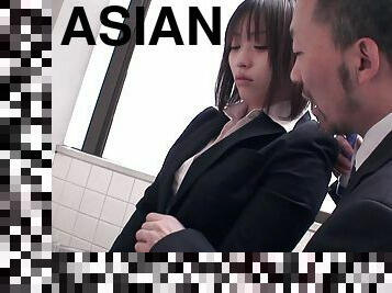 Brunette Asian in the bathroom gets groped by a businessman