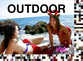 Two sweet girls get talked into fucking with a stranger outdoors