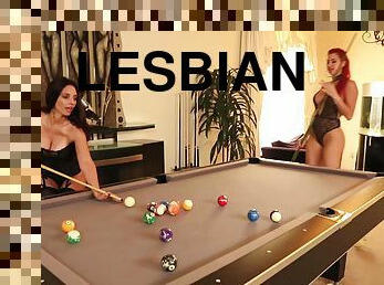 Stunning redhead Savana Styles having lesbian sex on a billiard table