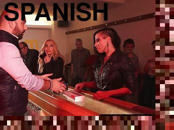 Spanish Squirting Party. Busty spanish babes squirt at a party in a bar