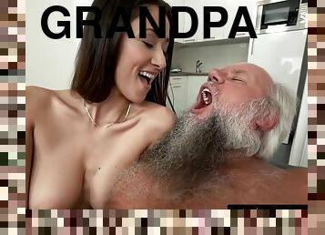 Small Titted Brunette Is Fucking A Horny Grandpa From The