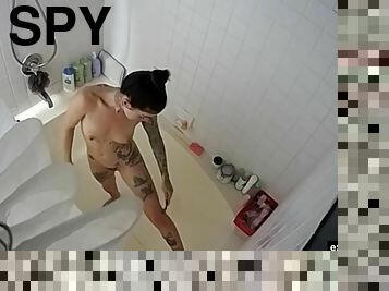 bañando, espía, ducha, a-solas, tatuaje, tetitas