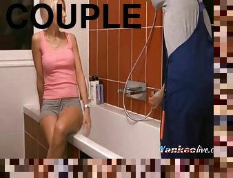 Blonde and her boyfriend in the bathroom think of making a nice hot porn vid.