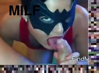 Milf in mask gets her face shoved on a long pole