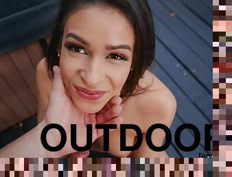 Outdoor POV with Naked Neighbor Peter Green and exotic brunette Katana Kombat